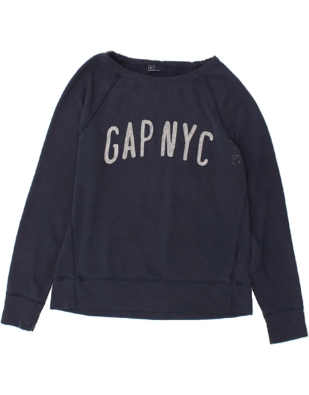 GAP Womens Graphic Sweatshirt Jumper UK 14 Medium Navy Blue Cotton Hoodie with Raw Hem Edgy Unfinished GAP Womens Graphic Sweatshirt Jumper UK 14 Medium Navy Blue Cotton Hoodie with Raw Hem Edgy Unfinished