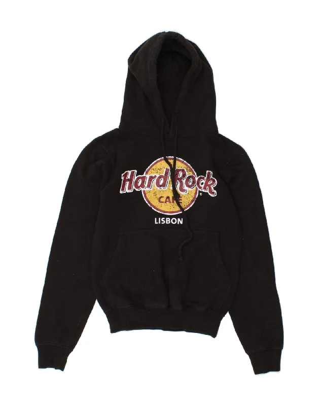 HARD ROCK CAFE Womens Lisbon Graphic Hoodie Jumper UK 6 XS Black Hoodie with Side Slits Relaxed Casual HARD ROCK CAFE Womens Lisbon Graphic Hoodie Jumper UK 6 XS Black Hoodie with Side Slits Relaxed Casual