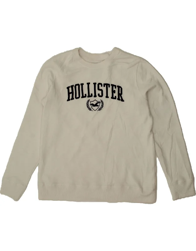 HOLLISTER Mens Graphic Sweatshirt Jumper Large White Cotton Hoodie with Lining Warm Insulated