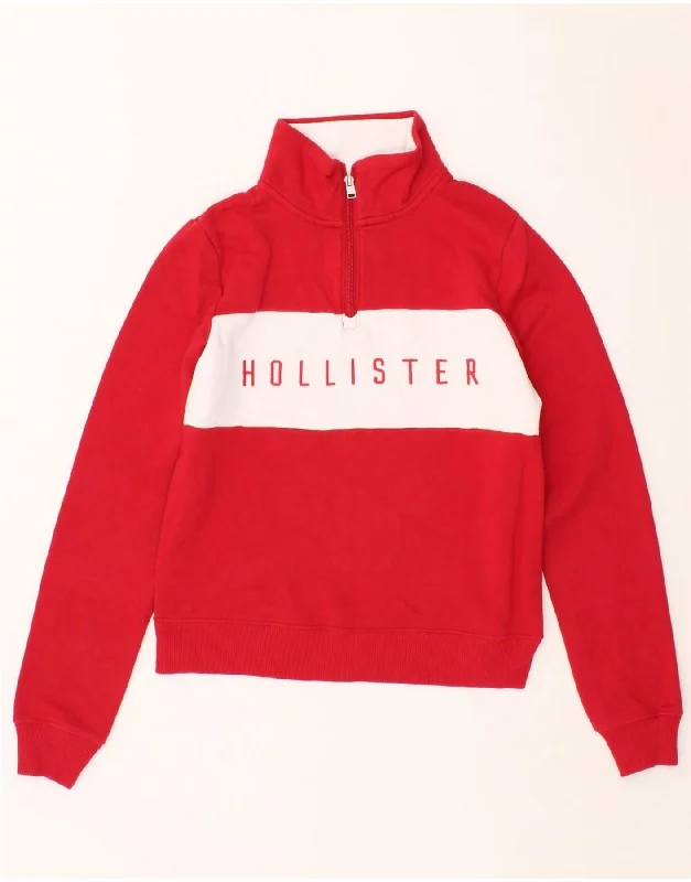 HOLLISTER Womens Oversized Graphic Zip Neck Sweatshirt Jumper UK 6 XS Red Hoodie with Hem Drawcord Adjustable Customizable HOLLISTER Womens Oversized Graphic Zip Neck Sweatshirt Jumper UK 6 XS Red Hoodie with Hem Drawcord Adjustable Customizable