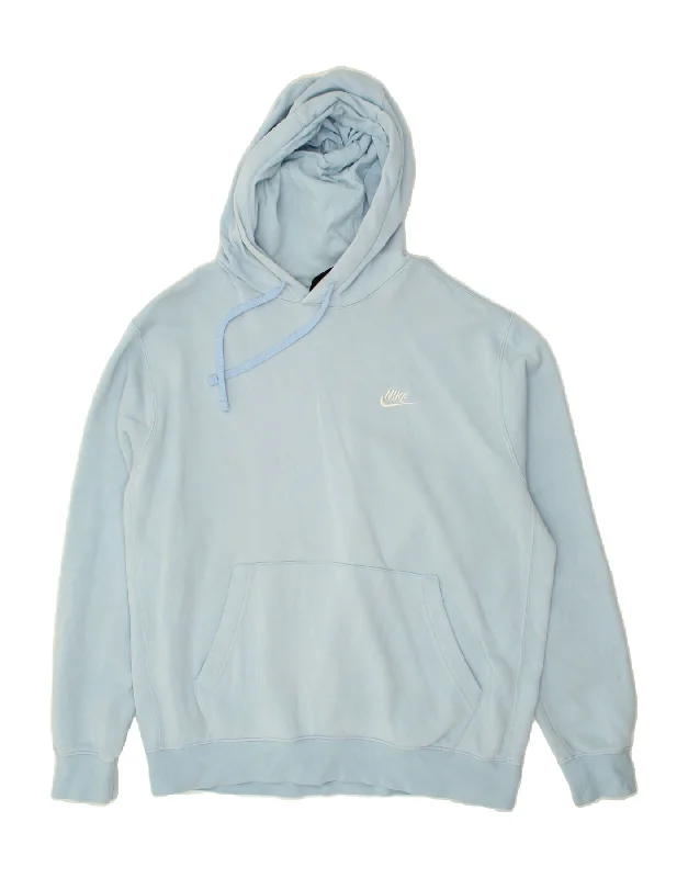 NIKE Mens Hoodie Jumper Large Blue Cotton Hoodie with Hem Patch Decorative Personalized NIKE Mens Hoodie Jumper Large Blue Cotton Hoodie with Hem Patch Decorative Personalized