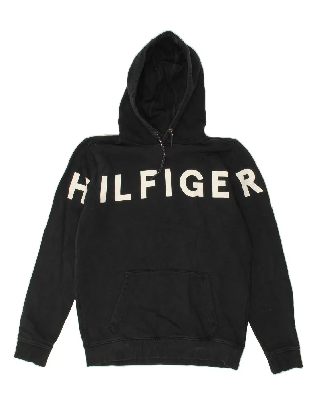 TOMMY HILFIGER Mens Graphic Hoodie Jumper Medium Black Cotton Hoodie with Embroidery Detailed Premium