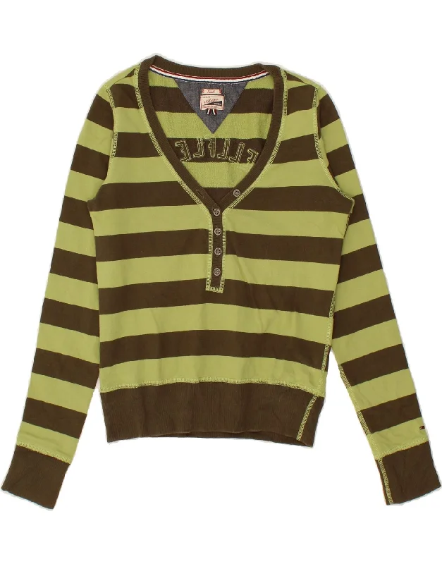 TOMMY HILFIGER Womens Heritage Sweatshirt Jumper UK 10 Small Green Striped Hoodie with Rolled Sleeves Casual Relaxed TOMMY HILFIGER Womens Heritage Sweatshirt Jumper UK 10 Small Green Striped Hoodie with Rolled Sleeves Casual Relaxed