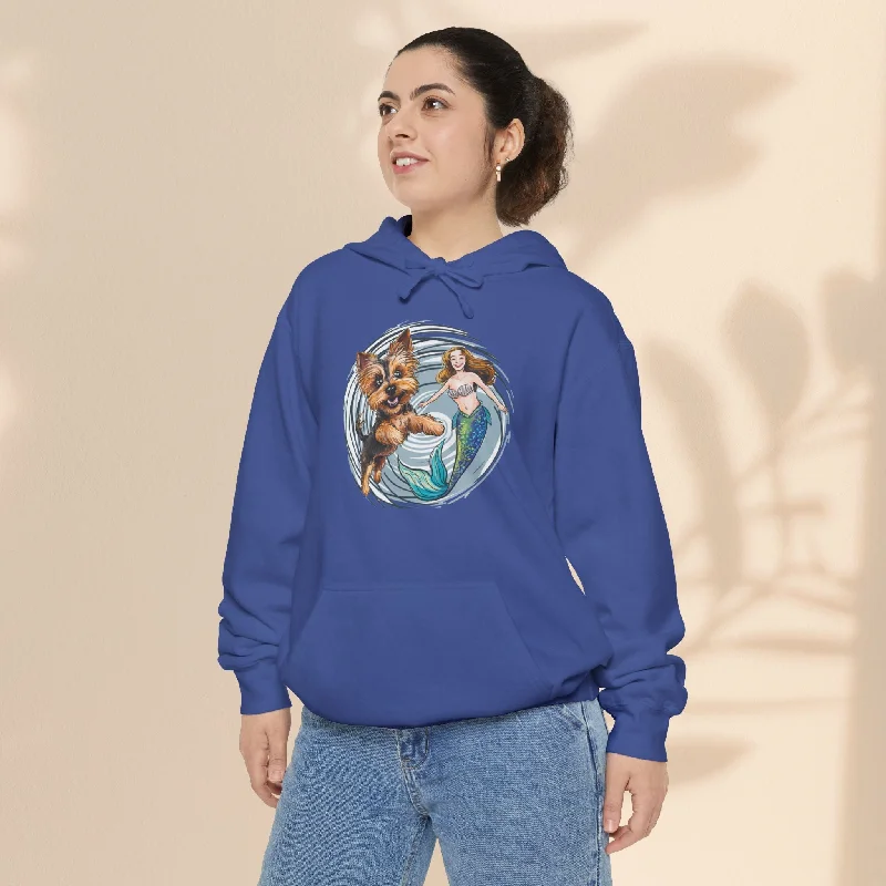 Unisex Garment-Dyed Hoodie - Mermaid and Terrier Hoodie with Hem Elastic Stretchable Comfortable Unisex Garment-Dyed Hoodie - Mermaid and Terrier Hoodie with Hem Elastic Stretchable Comfortable
