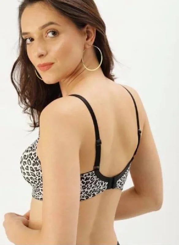 Fancy Cheetah Style Bra - Black & White - Soft Padded Underwired Wireless Lace Bra