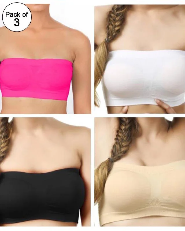 Pack of 3 - Strapless Sports Bra - Soft & Non Padded Bra - Mix Colours Feminine Lace Bra