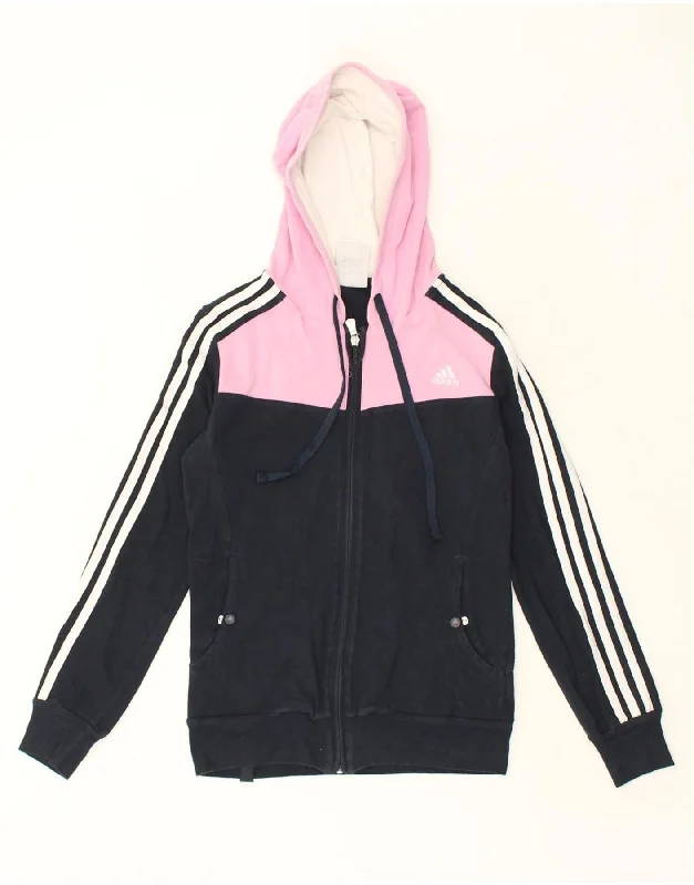 ADIDAS Womens Zip Hoodie Sweater UK 10 Small Navy Blue Colourblock Cotton Lightweight Heavyweight Midweight ADIDAS Womens Zip Hoodie Sweater UK 10 Small Navy Blue Colourblock Cotton Lightweight Heavyweight Midweight