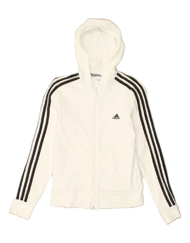 ADIDAS Womens Zip Hoodie Sweater UK 12 Medium White Cotton