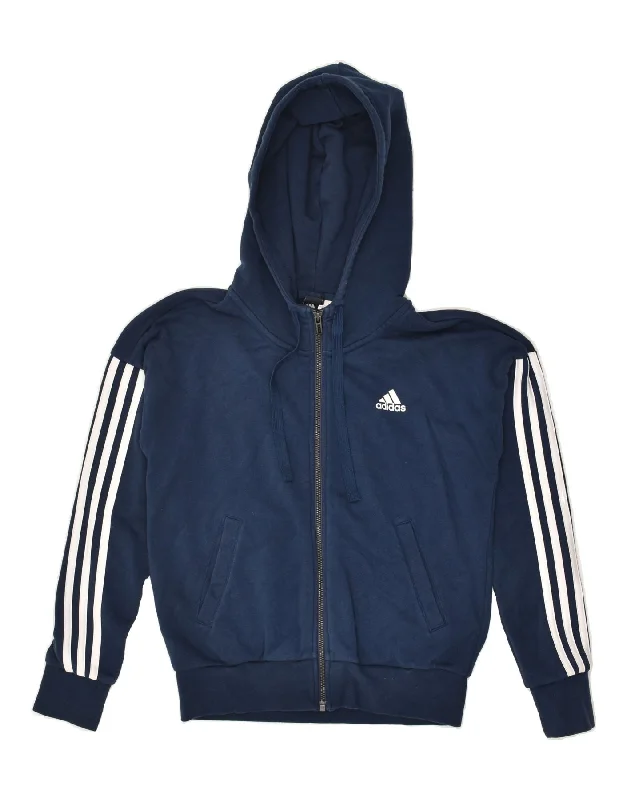 ADIDAS Womens Zip Hoodie Sweater UK 4-6 XS Navy Blue Cotton