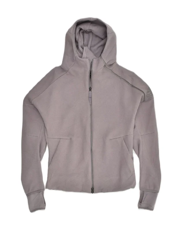 ADIDAS Womens Zip Hoodie Sweater UK 6 XS Grey Cotton Real Fur Shearling Chenille