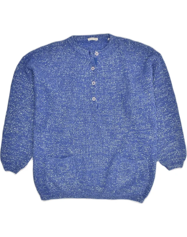 ANDREA MARE Womens Button Neck Jumper Sweater UK 14 Large Blue Flecked Front Pockets Side Pockets Patch Pockets ANDREA MARE Womens Button Neck Jumper Sweater UK 14 Large Blue Flecked Front Pockets Side Pockets Patch Pockets