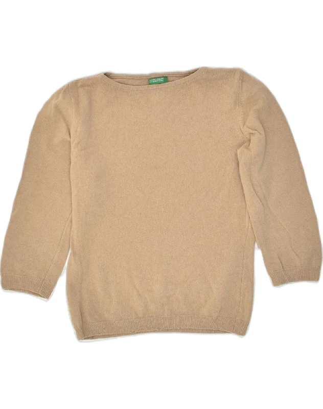 BENETTON Womens 3/4 Sleeve Boat Neck Jumper Sweater UK 14 Medium Beige Graphic Sweater Embroidered Appliqued BENETTON Womens 3/4 Sleeve Boat Neck Jumper Sweater UK 14 Medium Beige Graphic Sweater Embroidered Appliqued