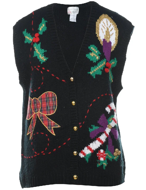 Black Christmas Sweater Vest - L Beaded Sweater Sequined Faux Fur