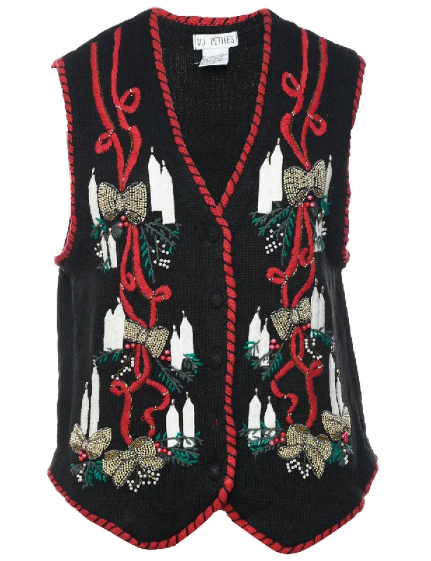 Black Christmas Sweater Vest - M Silk Blend Satin Velvet