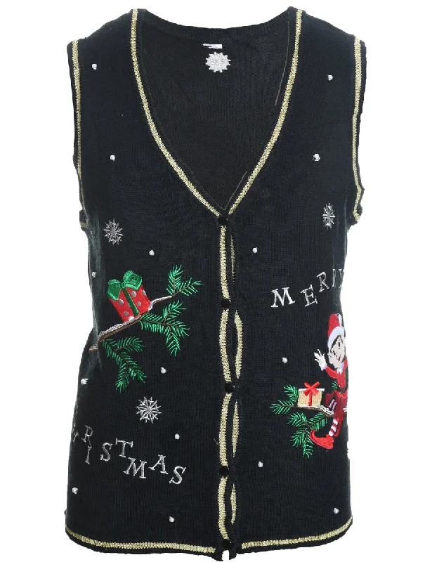 Black Christmas Sweater Vest - M Real Fur Shearling Chenille