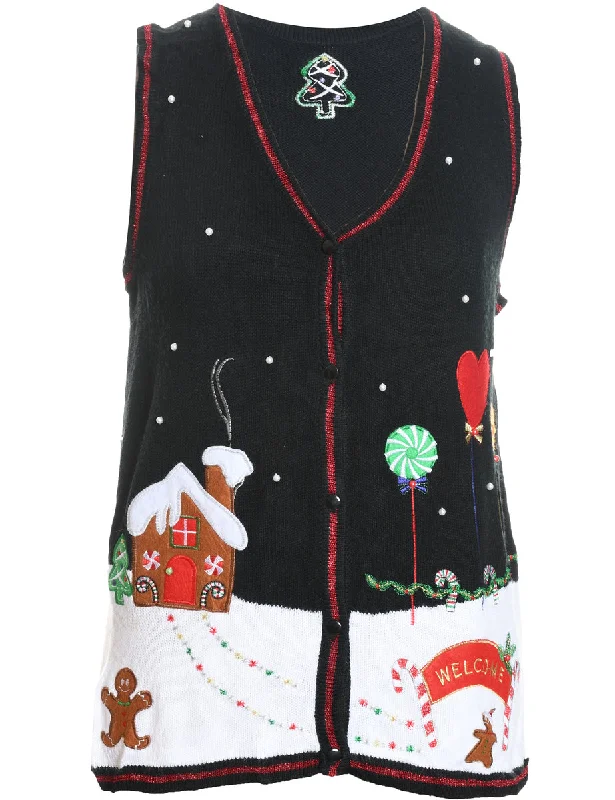 Black Embroidered Christmas Design Sweater Vest - M Casual Formal Business