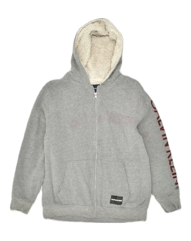 CALVIN KLEIN Womens Graphic Sherpa Zip Hoodie Sweater UK 14/16 Large Grey Neon Metallic Matte CALVIN KLEIN Womens Graphic Sherpa Zip Hoodie Sweater UK 14/16 Large Grey Neon Metallic Matte