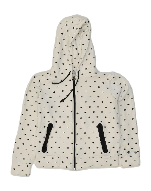 CHAMPION Womens Zip Hoodie Sweater UK 12 Medium White Cotton Logo Zippered Front Buttoned Front Snap Front CHAMPION Womens Zip Hoodie Sweater UK 12 Medium White Cotton Logo Zippered Front Buttoned Front Snap Front