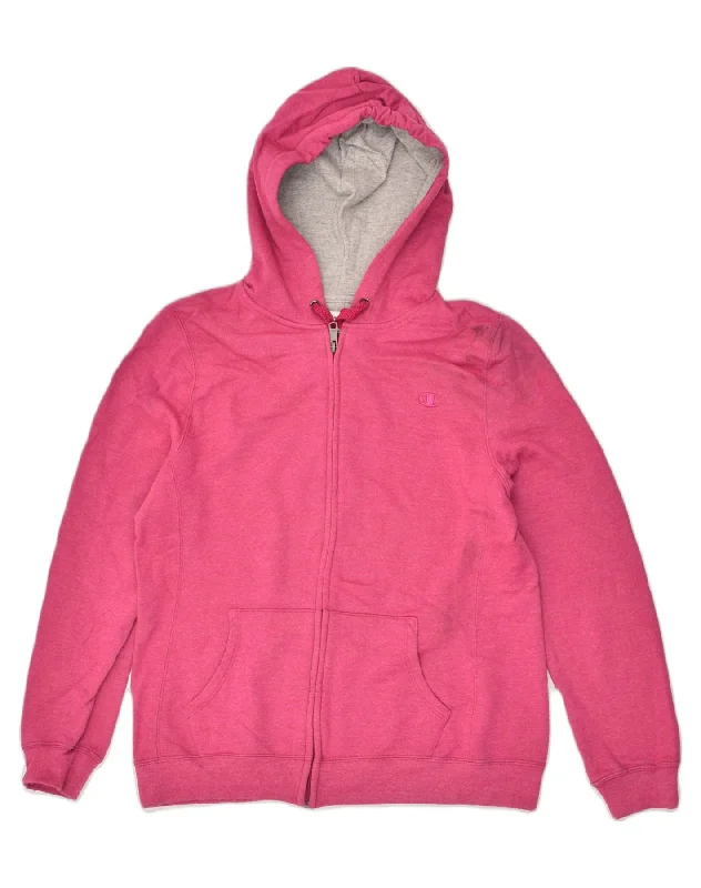 CHAMPION Womens Zip Hoodie Sweater UK 14 Large Pink Cotton Glossy Satin Silk