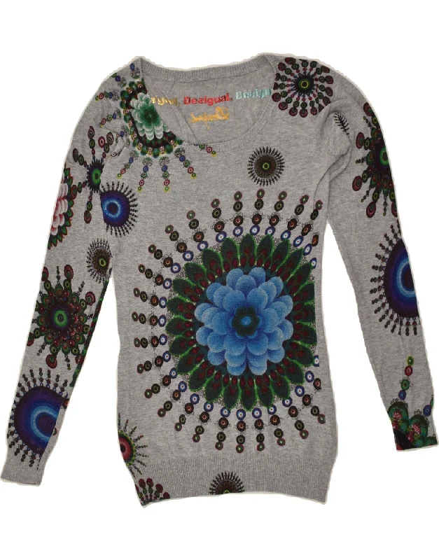 DESIGUAL Womens Graphic Boat Neck Jumper Sweater UK 10 Small Grey Floral