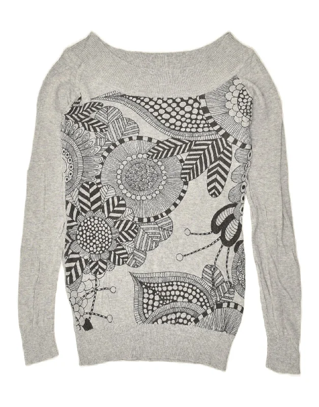 DESIGUAL Womens Graphic Boat Neck Jumper Sweater UK 10 Small Grey