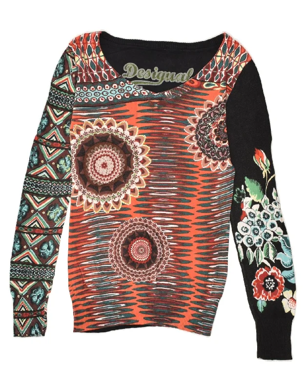 DESIGUAL Womens Graphic Boat Neck Jumper Sweater UK 10 Small Multicoloured