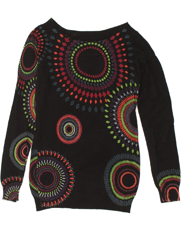 DESIGUAL Womens Graphic Boat Neck Jumper Sweater UK 12 Medium Black