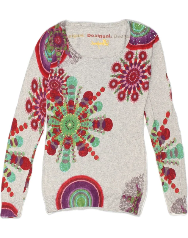 DESIGUAL Womens Graphic Crew Neck Jumper Sweater UK 12 Medium Grey Floral Seamless Knitted Crochet DESIGUAL Womens Graphic Crew Neck Jumper Sweater UK 12 Medium Grey Floral Seamless Knitted Crochet