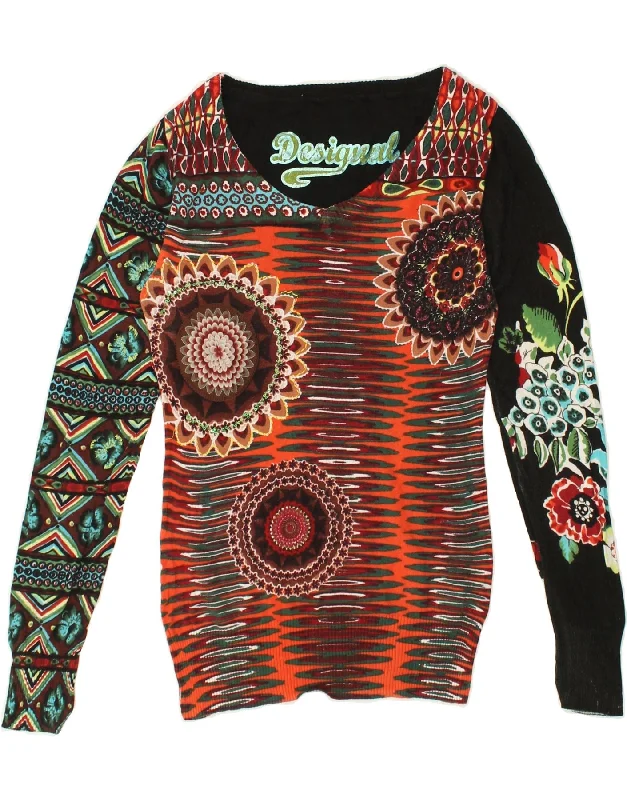 DESIGUAL Womens Graphic V-Neck Jumper Sweater UK 8 Small Multicoloured