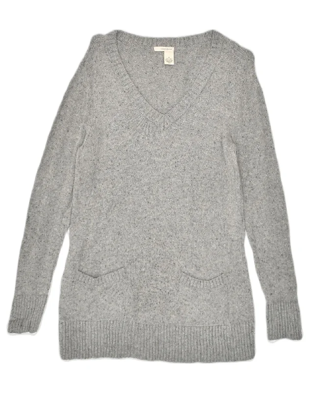 DKNY Womens V-Neck Jumper Sweater UK 14 Medium Grey Flecked Beaded Sweater Sequined Faux Fur DKNY Womens V-Neck Jumper Sweater UK 14 Medium Grey Flecked Beaded Sweater Sequined Faux Fur