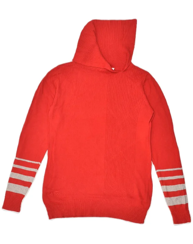 ELLESSE Womens Roll Neck Jumper Sweater UK 12 Medium Red Cotton Neon Metallic Matte