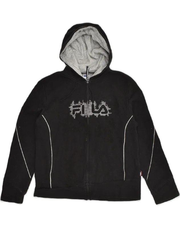 FILA Womens Graphic Zip Hoodie Sweater UK 16 Large Black Cotton