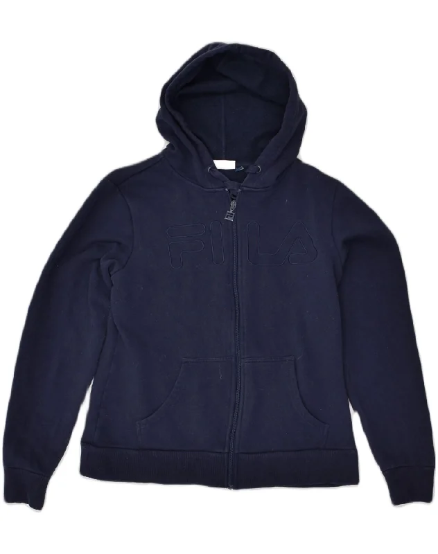 FILA Womens Graphic Zip Hoodie Sweater UK 16 Large Navy Blue Cotton Soft Cozy Warm