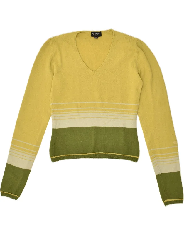 GUESS Womens Crop V-Neck Jumper Sweater UK 12 Medium Yellow Colourblock