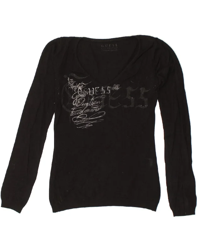 GUESS Womens Graphic V-Neck Jumper Sweater UK 6 XS Black Viscose