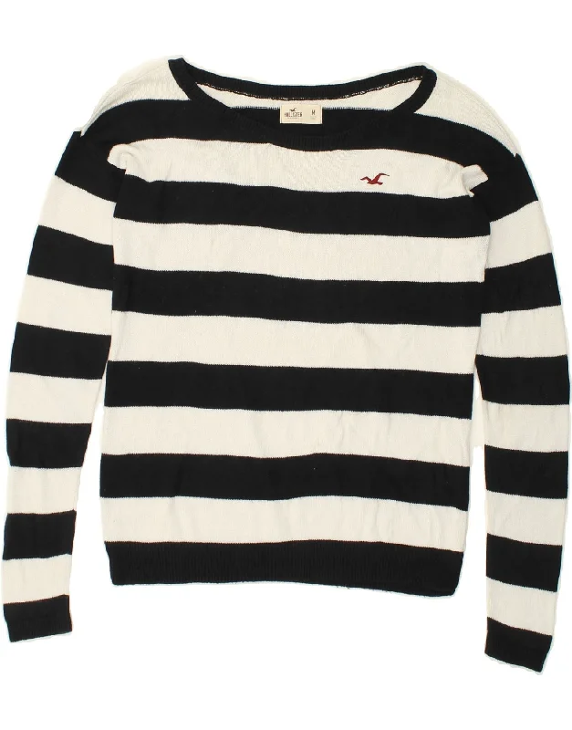 HOLLISTER Womens Boat Neck Jumper Sweater UK 14 Medium Black Striped