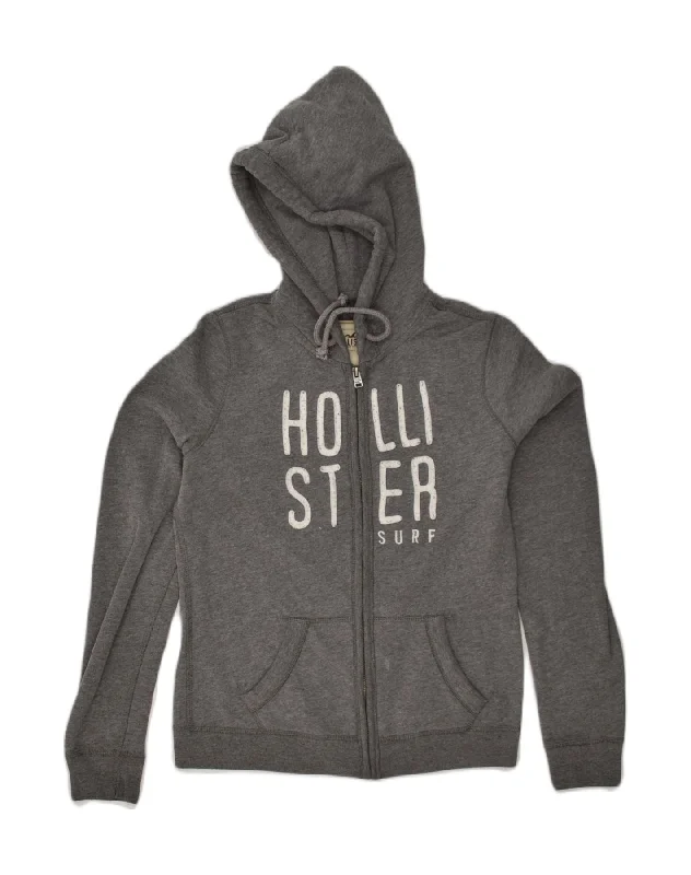 HOLLISTER Womens Graphic Zip Hoodie Sweater UK 10 Small Grey Cotton Mesh Blend Leather Blend Suede Blend HOLLISTER Womens Graphic Zip Hoodie Sweater UK 10 Small Grey Cotton Mesh Blend Leather Blend Suede Blend