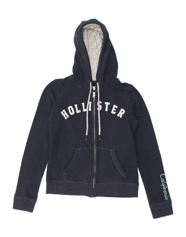 HOLLISTER Womens Graphic Zip Hoodie Sweater UK 10 Small Navy Blue Cotton