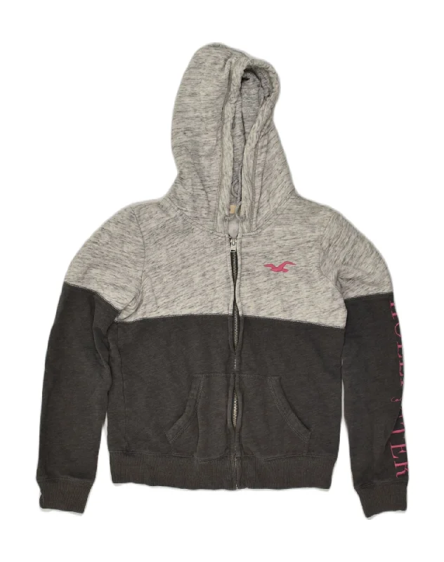 HOLLISTER Womens Graphic Zip Hoodie Sweater UK 14 Medium Grey Colourblock Embroidered Appliqued Beaded HOLLISTER Womens Graphic Zip Hoodie Sweater UK 14 Medium Grey Colourblock Embroidered Appliqued Beaded