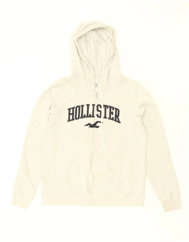 HOLLISTER Womens Graphic Zip Hoodie Sweater UK 14 Medium Grey Cotton