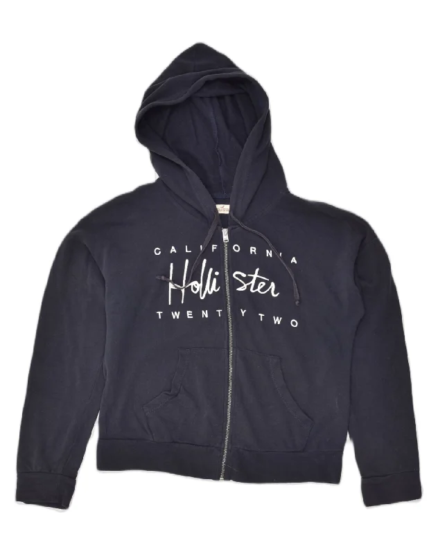 HOLLISTER Womens Graphic Zip Hoodie Sweater UK 14 Medium Navy Blue Cotton Thin Thick Dense HOLLISTER Womens Graphic Zip Hoodie Sweater UK 14 Medium Navy Blue Cotton Thin Thick Dense