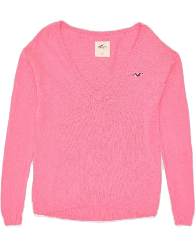 HOLLISTER Womens V-Neck Jumper Sweater UK 14 Medium Pink Cotton Real Fur Shearling Chenille HOLLISTER Womens V-Neck Jumper Sweater UK 14 Medium Pink Cotton Real Fur Shearling Chenille