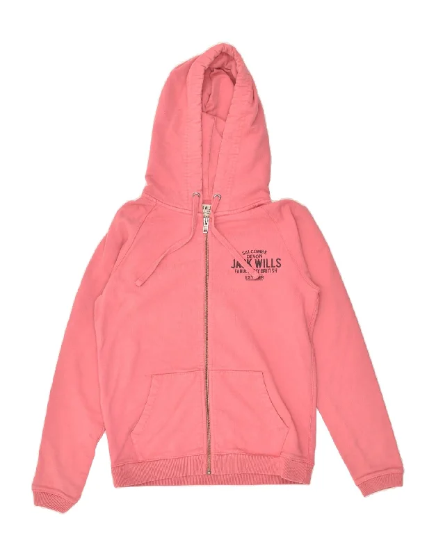 JACK WILLS Womens Graphic Zip Hoodie Sweater UK 10 Small Pink Cotton