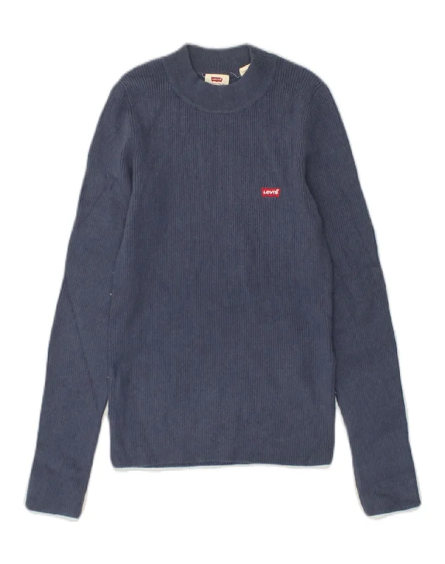 LEVI'S Womens Crew Neck Jumper Sweater UK 6 XS Blue Acrylic Herringbone Houndstooth Plaid