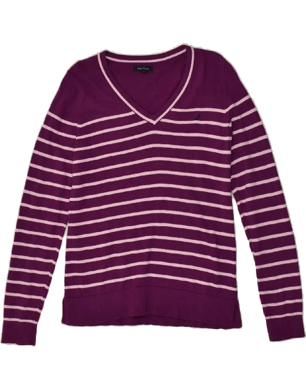 NAUTICA Womens V-Neck Jumper Sweater UK 14 Medium Purple Striped Cotton