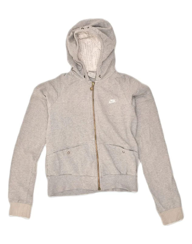 NIKE Womens Zip Hoodie Sweater UK 10/12 Medium Grey Cotton Striped Floral Plaid