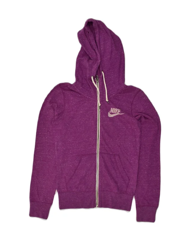 NIKE Womens Zip Hoodie Sweater UK 6 XS Purple Polyester Hooded Caped Shawl Collar