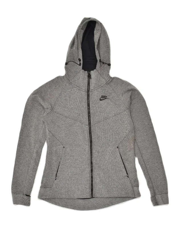 NIKE Womens Zip Hoodie Sweater UK 8 Small Grey Cotton Embroidered Appliqued Beaded