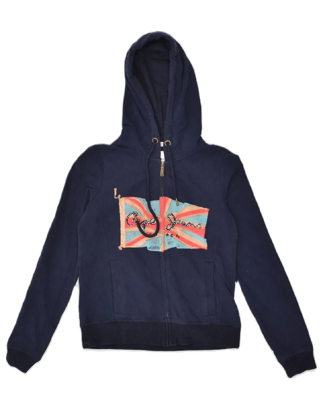 PEPE JEANS Womens Graphic Zip Hoodie Sweater UIK 8 Small Navy Blue Cotton