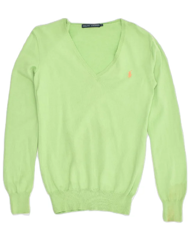 RALPH LAUREN Womens V-Neck Jumper Sweater UK 10 Small Green Cotton Front Pockets Side Pockets Patch Pockets RALPH LAUREN Womens V-Neck Jumper Sweater UK 10 Small Green Cotton Front Pockets Side Pockets Patch Pockets
